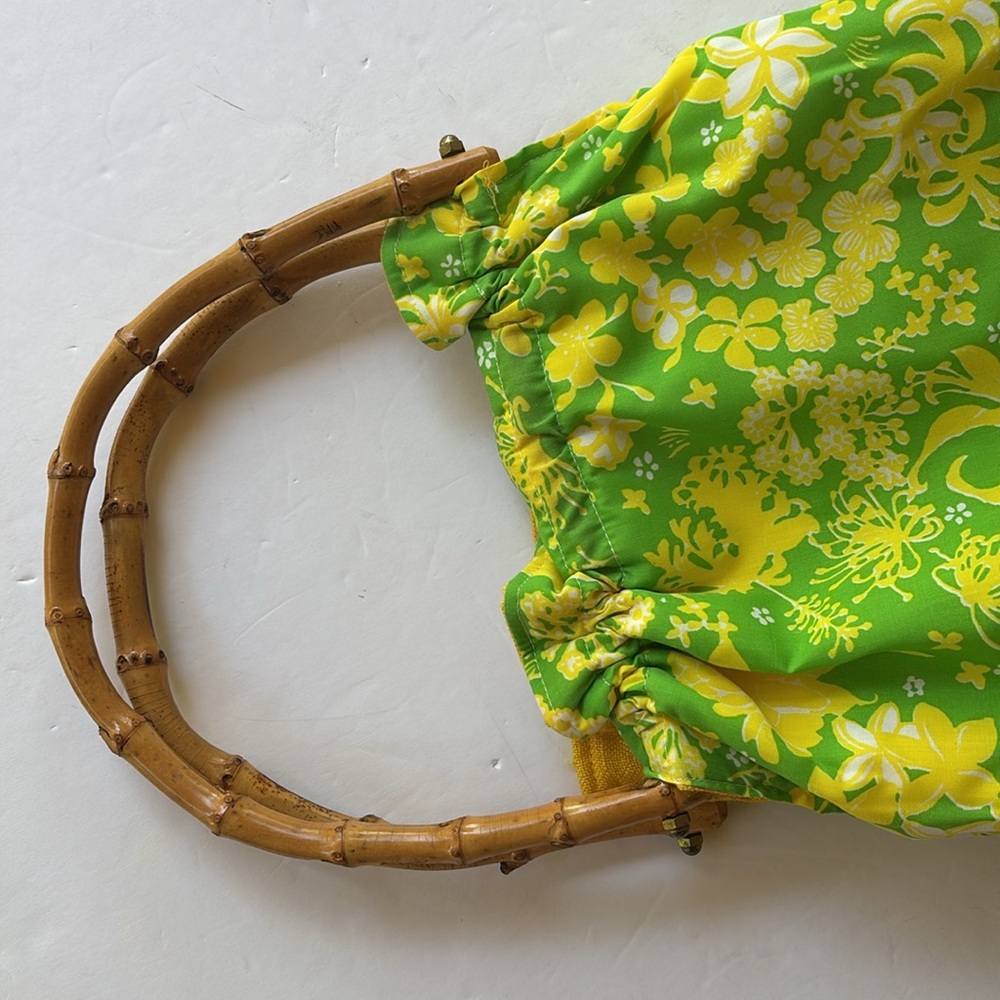 True Vintage 70’s Pulitzer De Lanthe Printed Purse Bamboo 60’s Bermuda Bag Tote - Picture 7 of 17